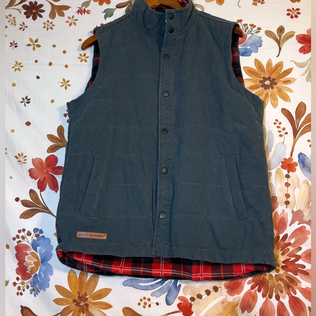 Simply Southern S Dark Grey Plaid Lined Preppy Fall Winter Insulated Vest Casual